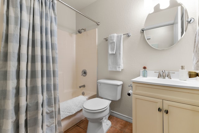 full bathroom featuring shower / bath combo, tile patterned floors, vanity, and toilet