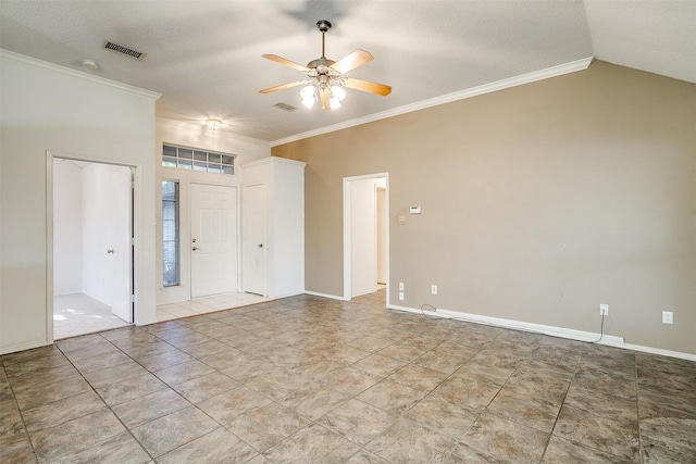 unfurnished room featuring a textured ceiling, high vaulted ceiling, ceiling fan, and crown molding