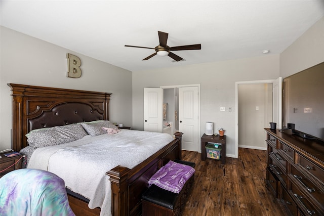 bedroom featuring dark wood-type flooring and ceiling fan