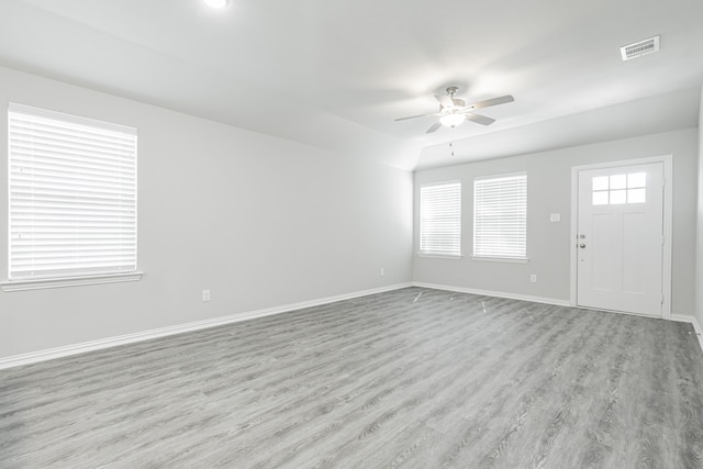 interior space featuring light wood-type flooring and ceiling fan