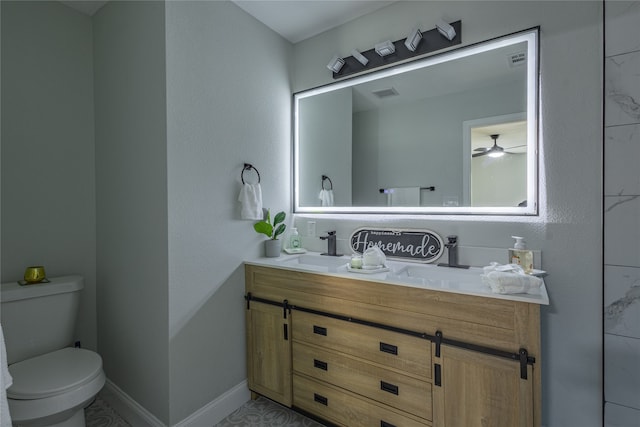 bathroom featuring ceiling fan, vanity, and toilet