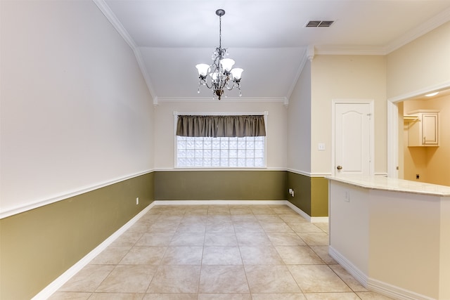 unfurnished dining area featuring a notable chandelier, crown molding, and light tile patterned flooring