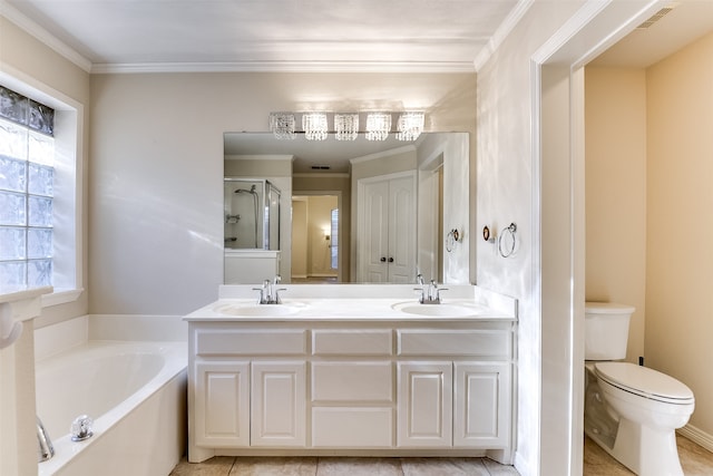 full bathroom featuring ornamental molding, a healthy amount of sunlight, and toilet