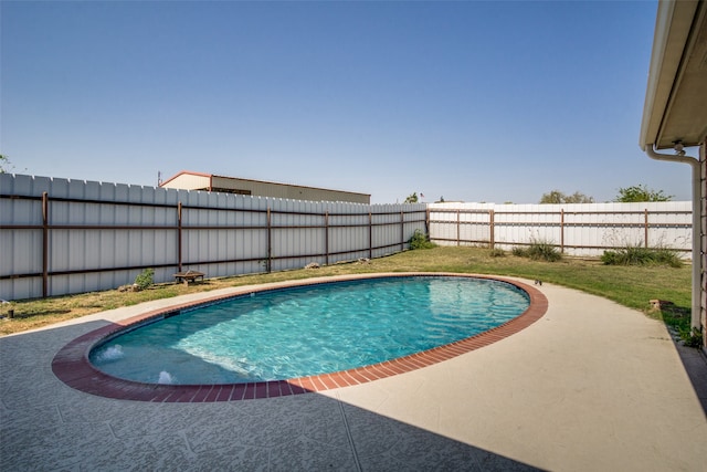 view of pool featuring a patio area and a lawn