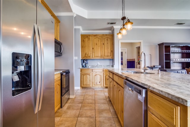 kitchen featuring appliances with stainless steel finishes, sink, pendant lighting, crown molding, and light tile patterned floors