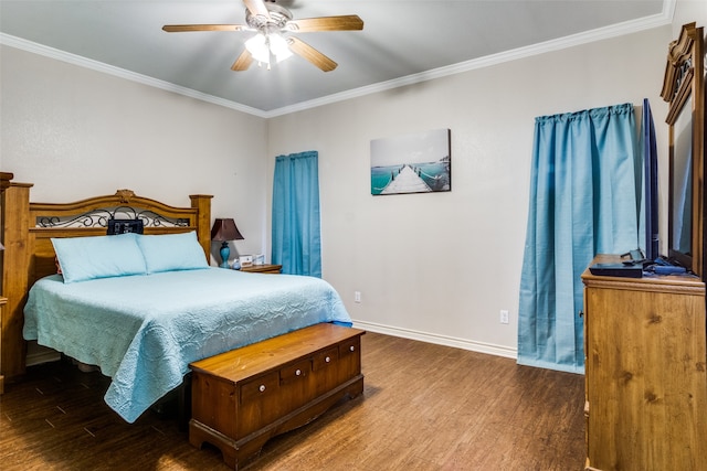 bedroom with ceiling fan, ornamental molding, and hardwood / wood-style floors