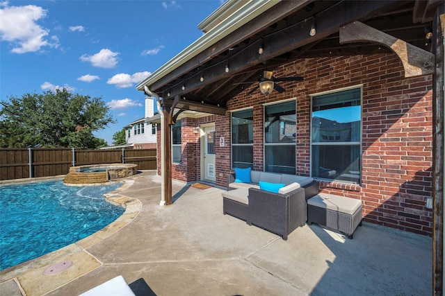 1310 Gold Coast Dr, Rockwall, TX 75087 - view of pool featuring a patio, an in ground hot tub, a fenced in pool, ceiling fan, and a fenced backyard