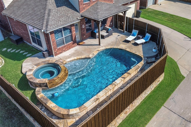 1310 Gold Coast Dr, Rockwall, TX 75087 - view of swimming pool featuring a patio area, an outdoor living space, a fenced in pool, a fenced backyard, and an in ground hot tub
