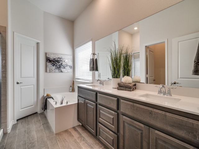 bathroom with vanity, a bathtub, and wood-type flooring