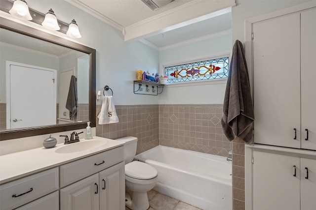 bathroom featuring vanity, tile patterned floors, crown molding, a bathtub, and toilet