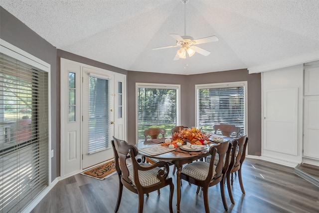 dining room with ceiling fan, dark wood-type flooring, and a textured ceiling