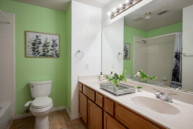 full bathroom with toilet, shower / bath combo, vanity, and tile patterned floors