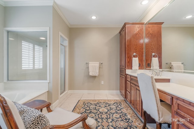 bathroom featuring crown molding, tile patterned flooring, vanity, and independent shower and bath