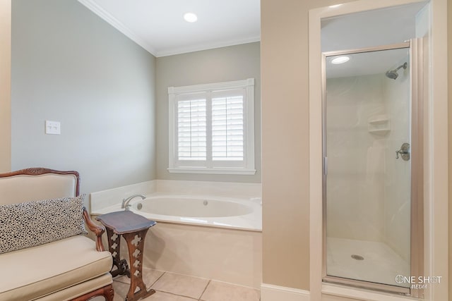 bathroom with plus walk in shower, tile patterned flooring, and ornamental molding