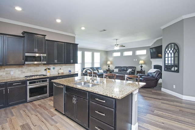 kitchen with a fireplace, a sink, appliances with stainless steel finishes, light wood finished floors, and tasteful backsplash