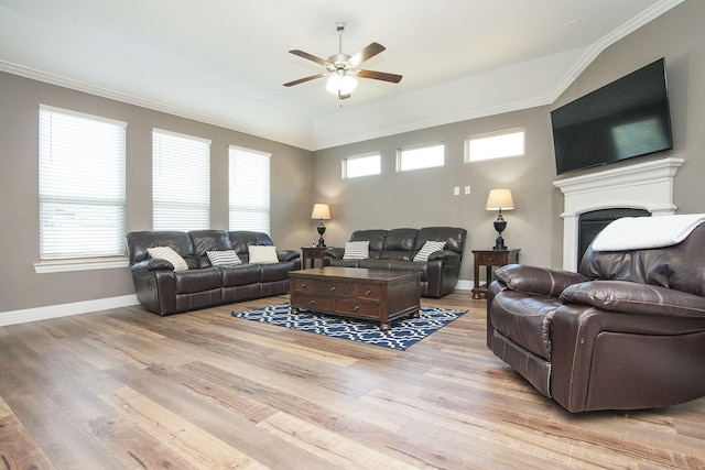 living area featuring ornamental molding, ceiling fan, light wood finished floors, and baseboards