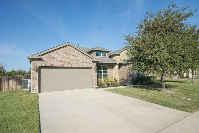 view of front facade with a garage, a front lawn, concrete driveway, and brick siding