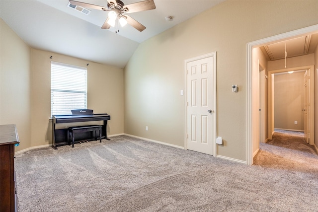 misc room with ceiling fan, light carpet, and lofted ceiling