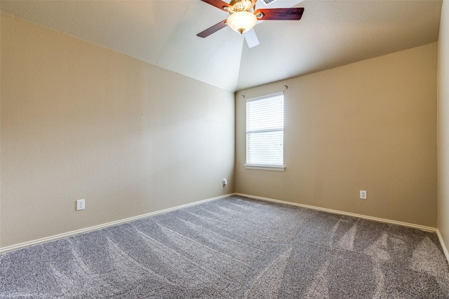 unfurnished room featuring carpet floors, ceiling fan, and lofted ceiling