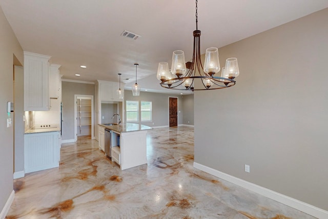 kitchen with white cabinets, sink, a center island with sink, decorative light fixtures, and dishwasher