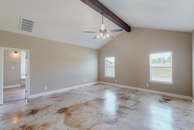 spare room with high vaulted ceiling, beam ceiling, and ceiling fan