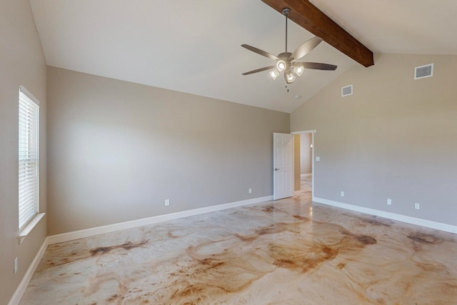 empty room featuring lofted ceiling with beams and ceiling fan