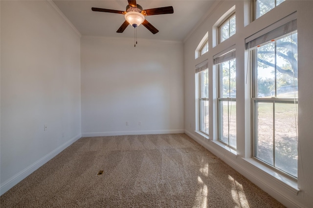 spare room featuring carpet floors, a ceiling fan, baseboards, and ornamental molding