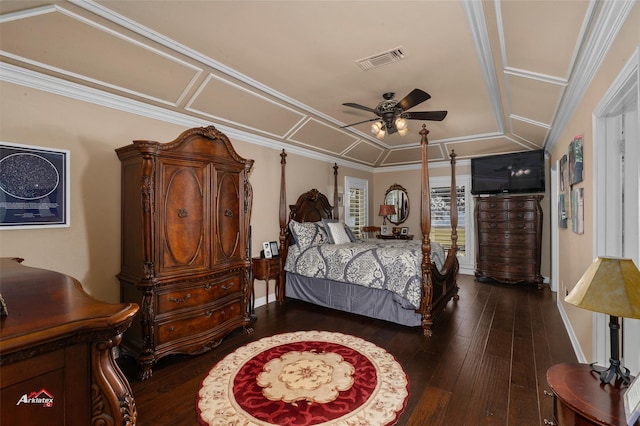 bedroom featuring ornamental molding, lofted ceiling, ceiling fan, and dark hardwood / wood-style flooring