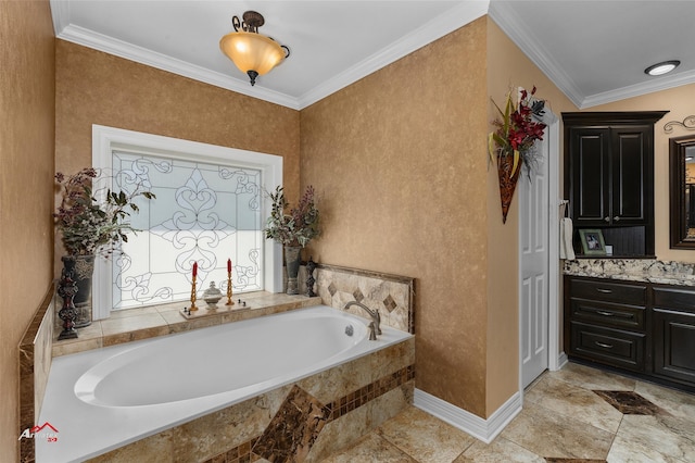 bathroom featuring crown molding, a relaxing tiled tub, and vanity