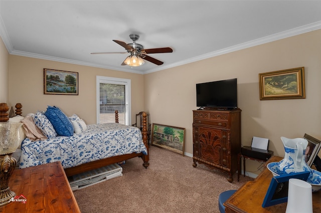 bedroom featuring crown molding, carpet, and ceiling fan