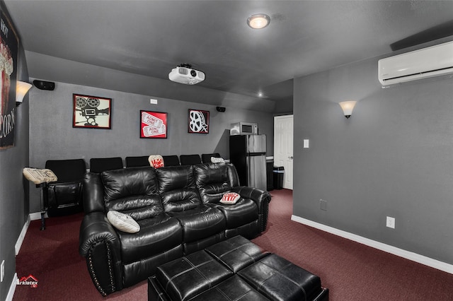 home theater with an AC wall unit and dark colored carpet