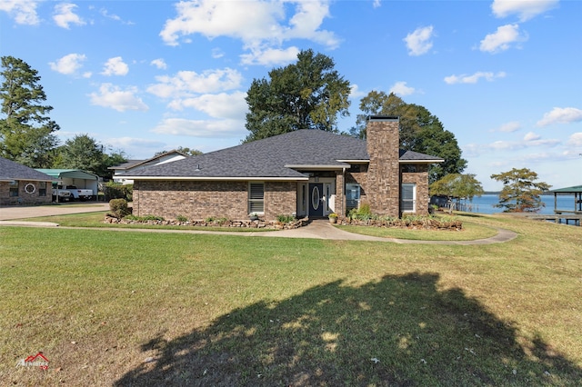 view of front of house featuring a front yard and a water view