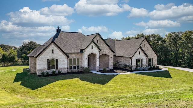 french country inspired facade featuring a front lawn