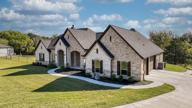 view of front of property with a front yard, cooling unit, and a garage