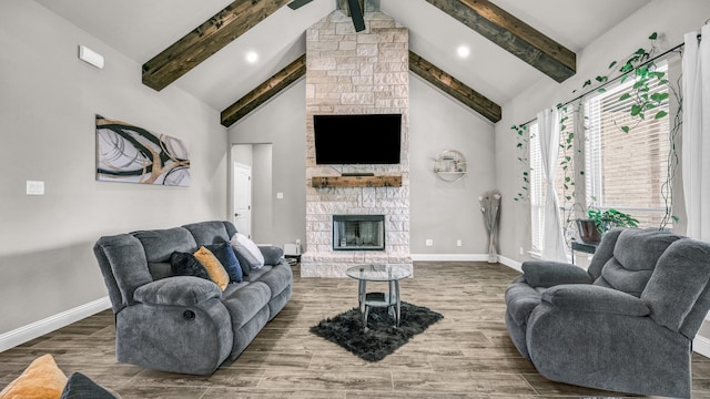 living room featuring a fireplace, beam ceiling, and dark hardwood / wood-style floors