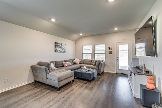 living room featuring lofted ceiling and hardwood / wood-style floors