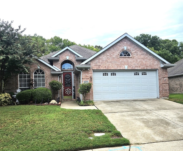 ranch-style house featuring a front yard and a garage