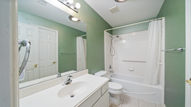 full bathroom with shower / bath combination with curtain, tile patterned flooring, toilet, and vanity