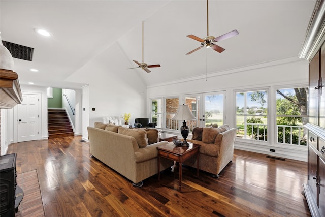 living room with high vaulted ceiling, dark hardwood / wood-style flooring, and ceiling fan