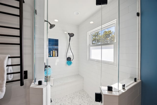 bathroom featuring a shower with door