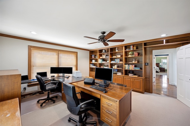 office area featuring ornamental molding, ceiling fan, and light hardwood / wood-style floors