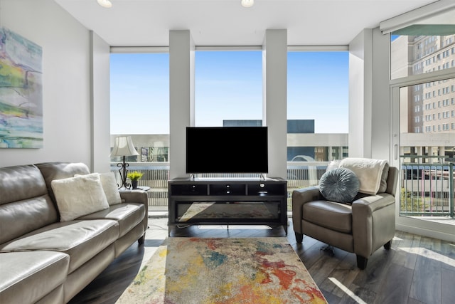 living room featuring expansive windows, hardwood / wood-style floors, and a wealth of natural light