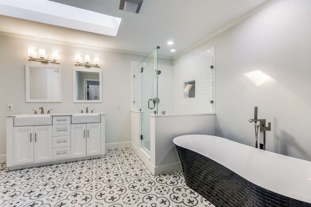 bathroom with vanity, a skylight, separate shower and tub, and crown molding