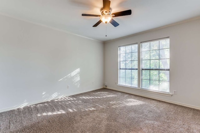 carpeted empty room featuring ornamental molding and ceiling fan