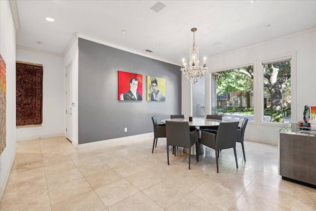 dining area featuring crown molding, an inviting chandelier, and light tile patterned floors