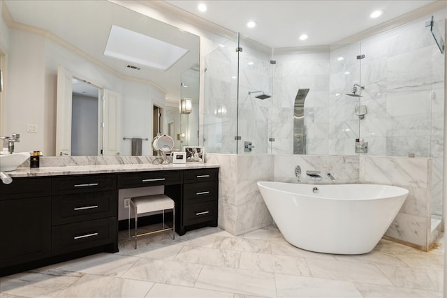 bathroom featuring vanity, separate shower and tub, ornamental molding, and tile walls