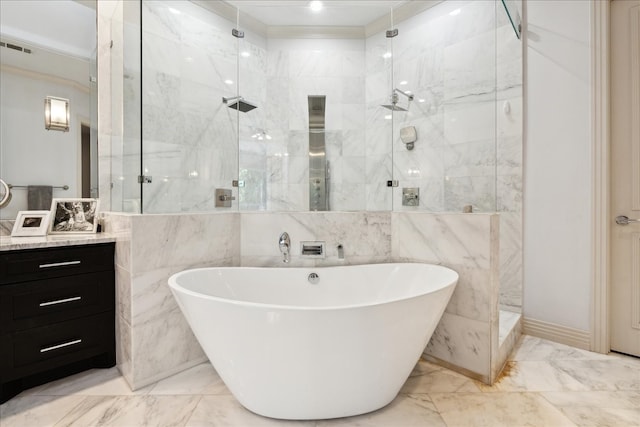 bathroom with vanity, independent shower and bath, and tile walls