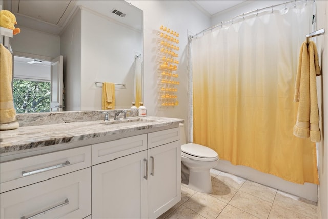 full bathroom featuring vanity, toilet, shower / bathtub combination with curtain, and ornamental molding