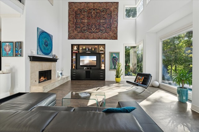 living room with hardwood / wood-style flooring, a towering ceiling, and a high end fireplace