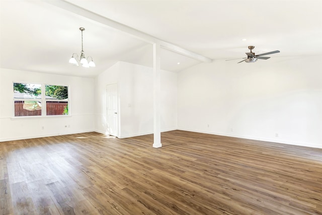 unfurnished living room featuring vaulted ceiling with beams, dark wood-type flooring, and ceiling fan with notable chandelier